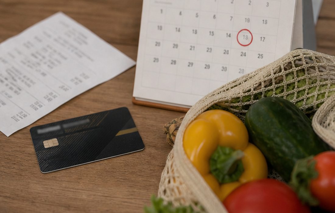 Банковская карта, календарь и чек рядом с продуктами